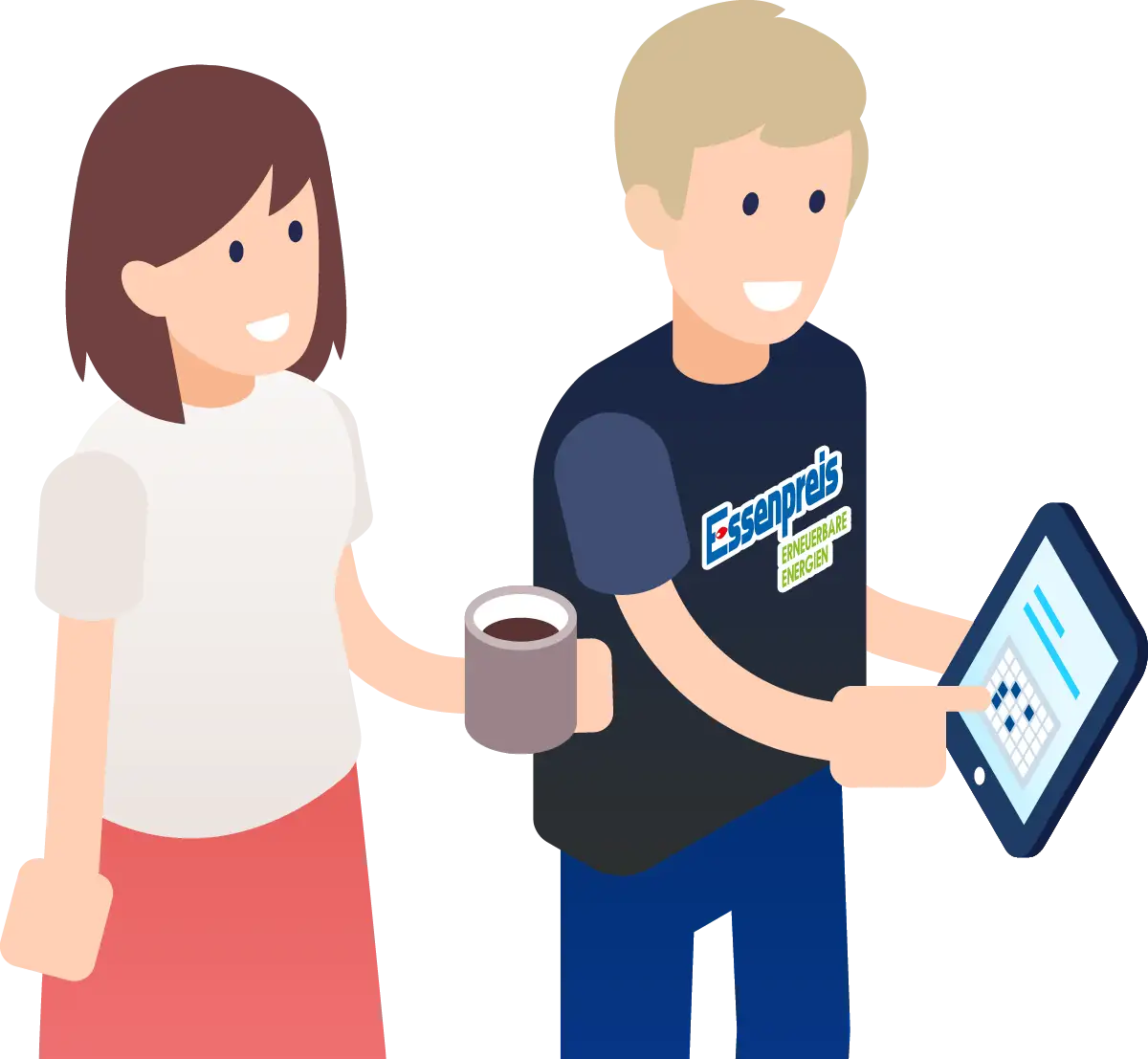 Animierte Illustration eines Essenpreis-Technikers mit Tablet in der Hand und Kundin mit Kaffeetasse links daneben